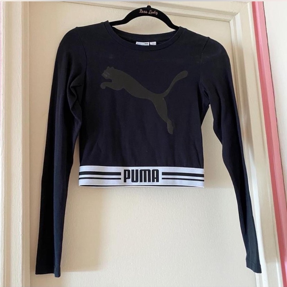 Puma Fitted Black Ling Sleeve Semi-Crop Top with Logo and White Elastic Band